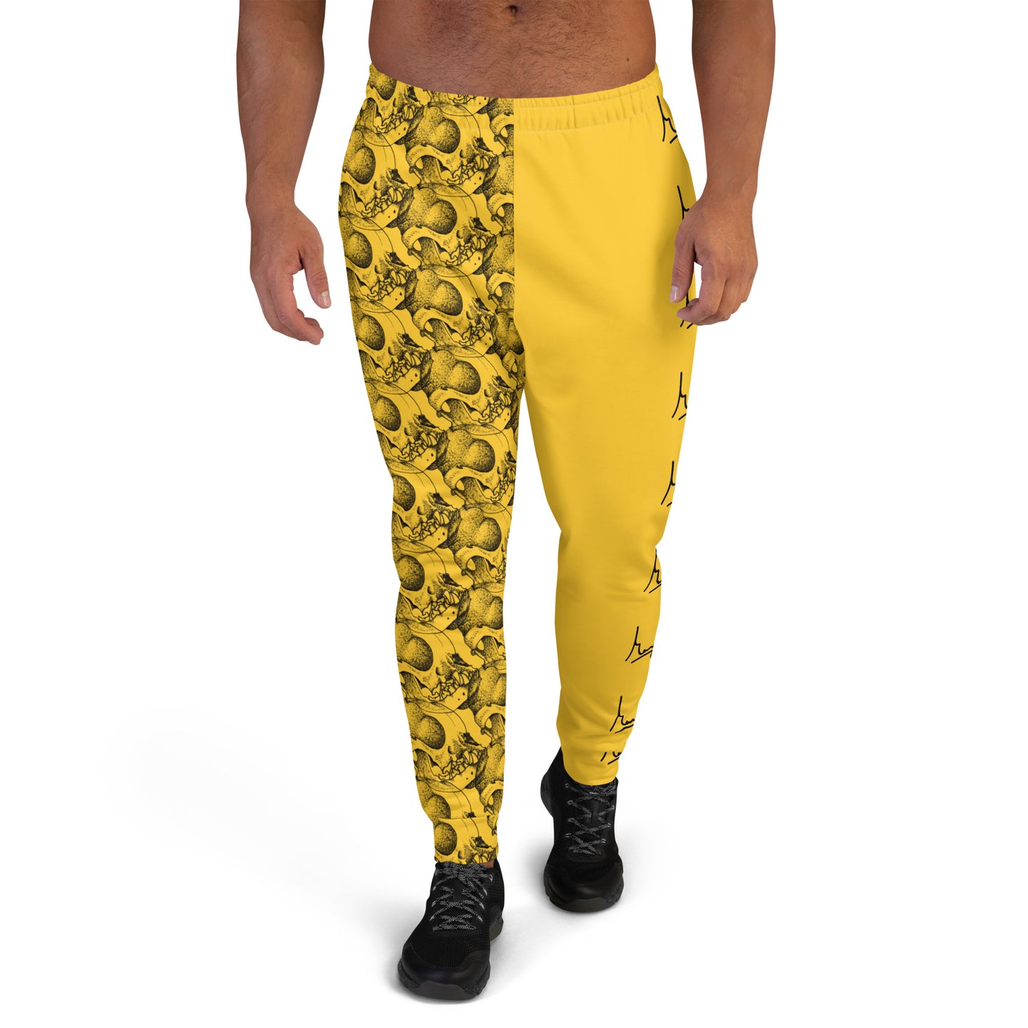 Margi original design tattoo technique drawing boston terrier skull repeated patern margi logo yellow Great for your workout, even better just to wear sitting in your couch! They're soft on the outside, and even softer on the inside. Feels like wearing nothing (if you're into that). And all of this in a obnoxious yellow pants, whats more to love? Design is the BostonT skull, on repeat. Techinique: sublimation for supreme quality