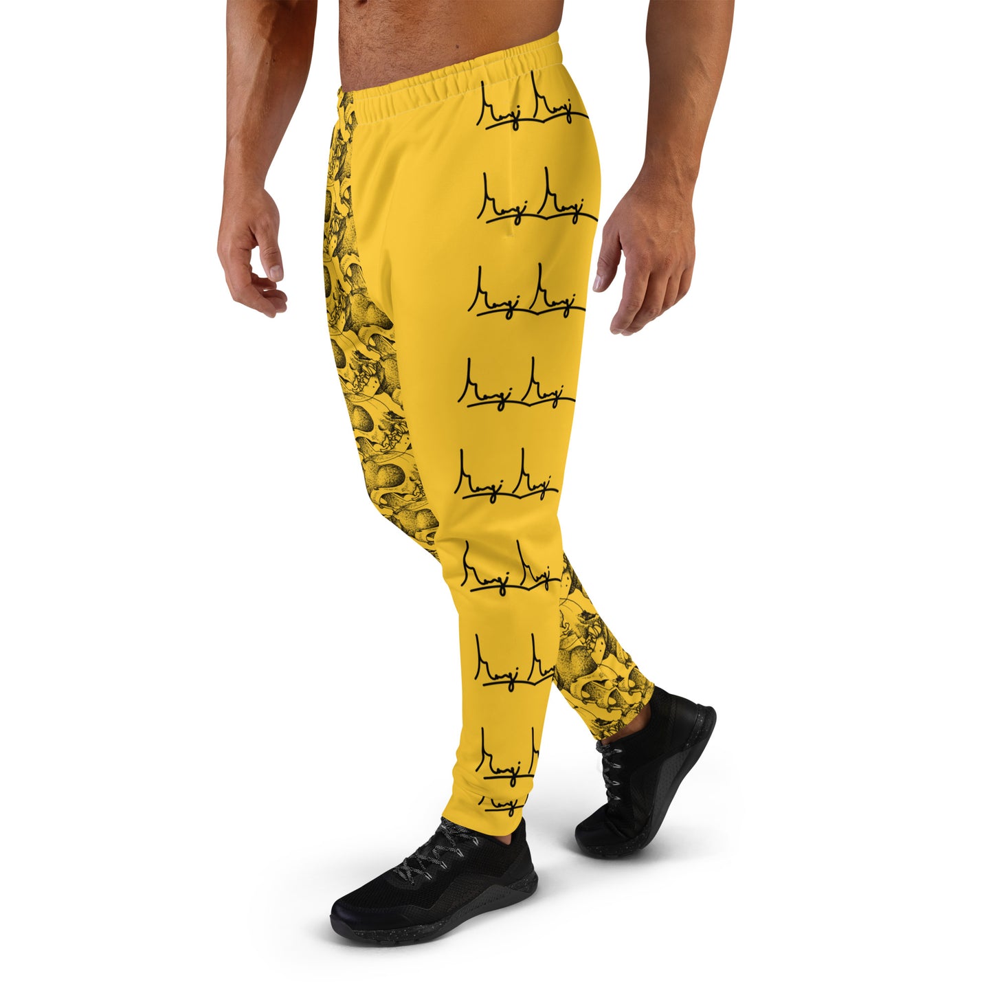 Margi original design tattoo technique drawing boston terrier skull repeated patern margi logo yellow Great for your workout, even better just to wear sitting in your couch! They're soft on the outside, and even softer on the inside. Feels like wearing nothing (if you're into that). And all of this in a obnoxious yellow pants, whats more to love? Design is the BostonT skull, on repeat. Techinique: sublimation for supreme quality
