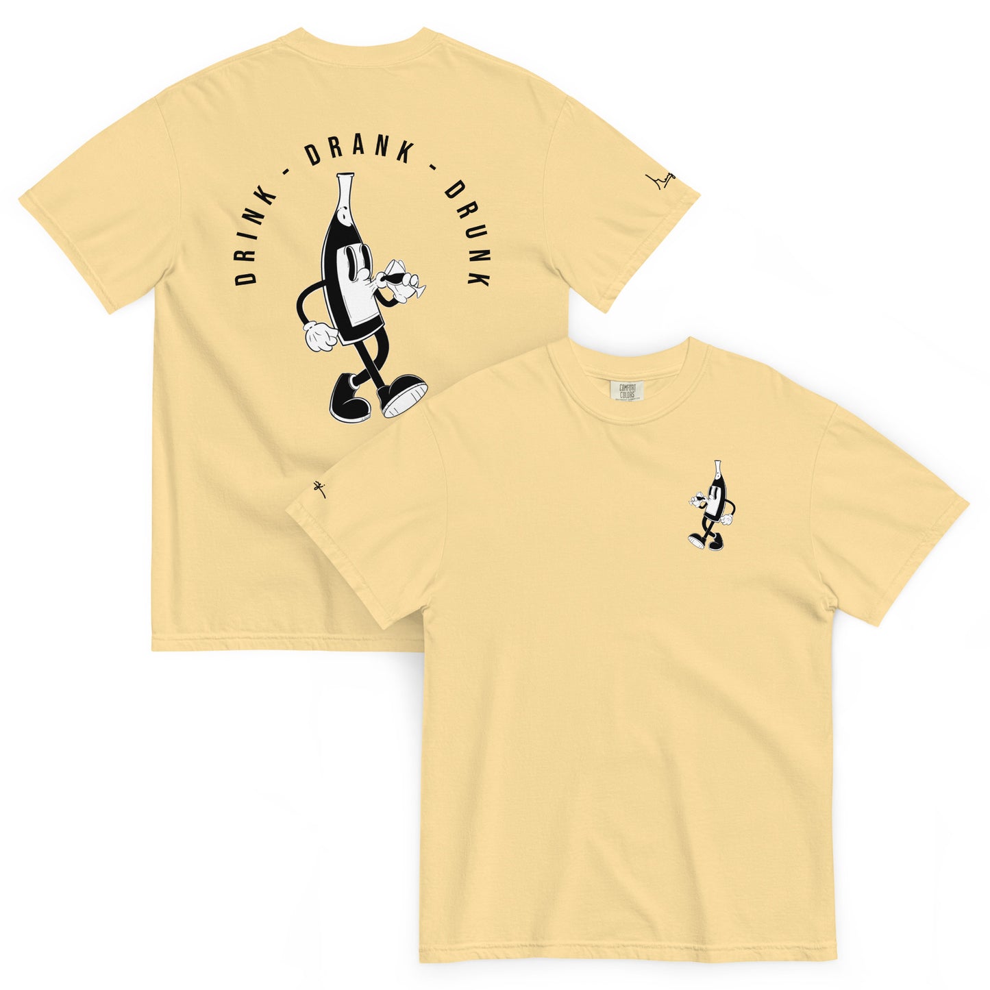 "yellow t-shirt with black cartoon-style print of a walking wine bottle holding a glass, surrounded by the words 'Drink Drank Drunk' in bold text."