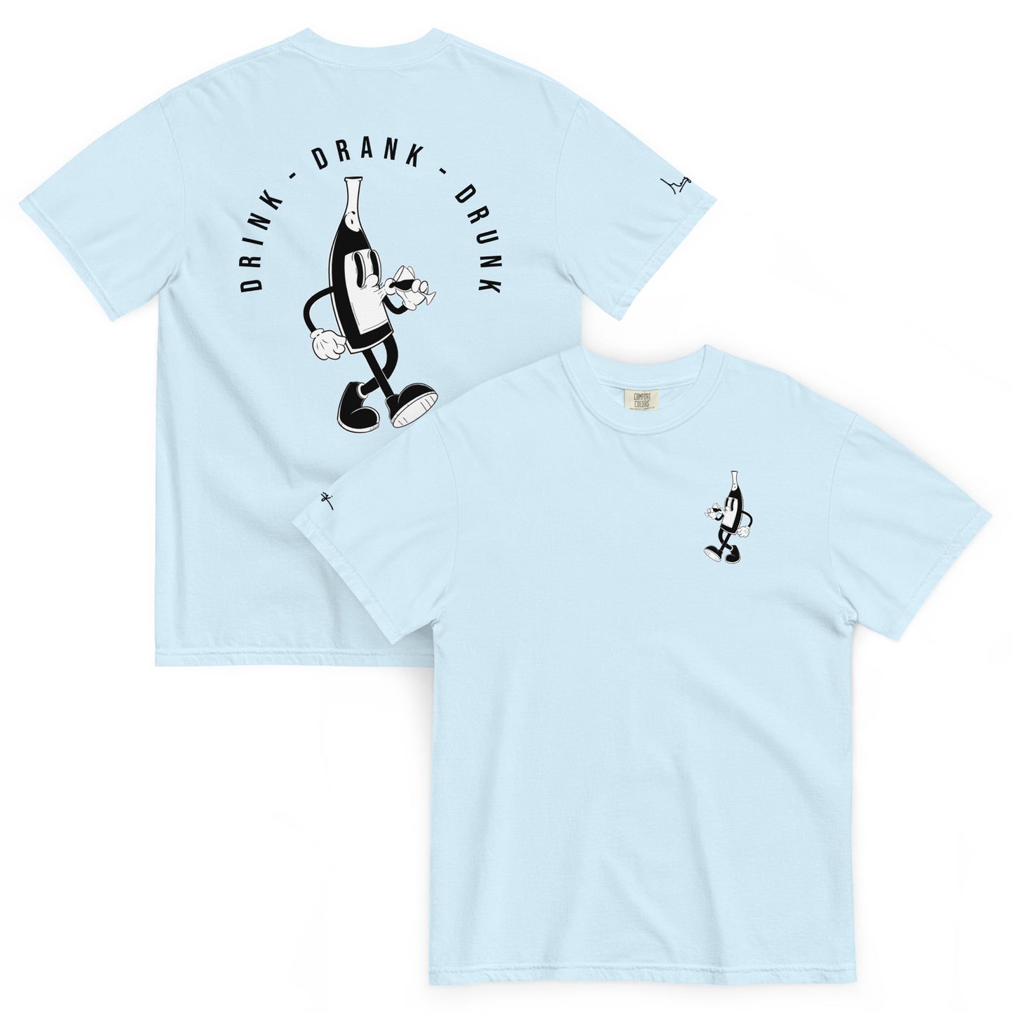 "light blue t-shirt with black cartoon-style print of a walking wine bottle holding a glass, surrounded by the words 'Drink Drank Drunk' in bold text."