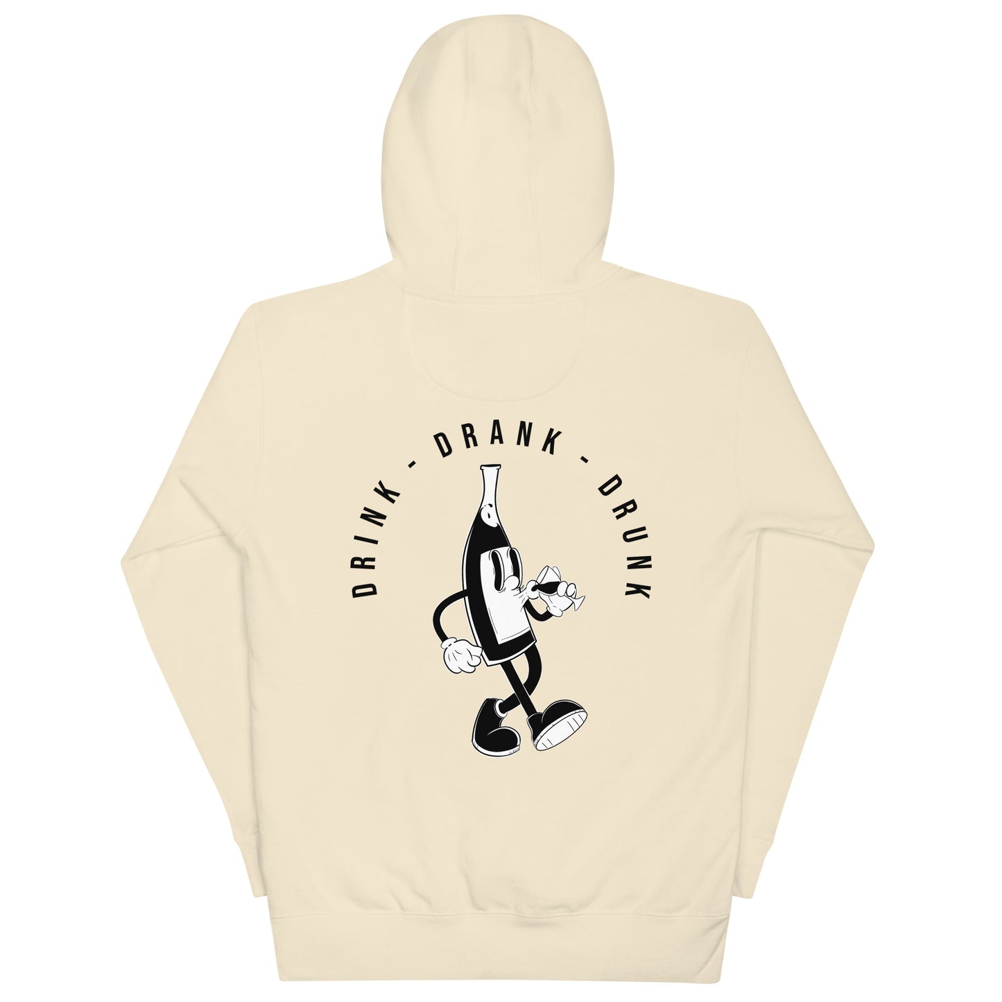 "Beige-shirt with black cartoon-style print of a walking wine bottle holding a glass, surrounded by the words 'Drink Drank Drunk' in bold text."
