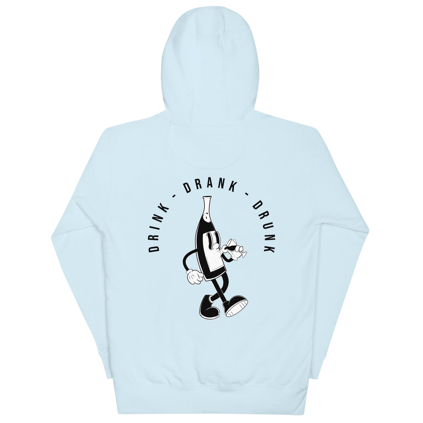 "light blue t-shirt with black cartoon-style print of a walking wine bottle holding a glass, surrounded by the words 'Drink Drank Drunk' in bold text."