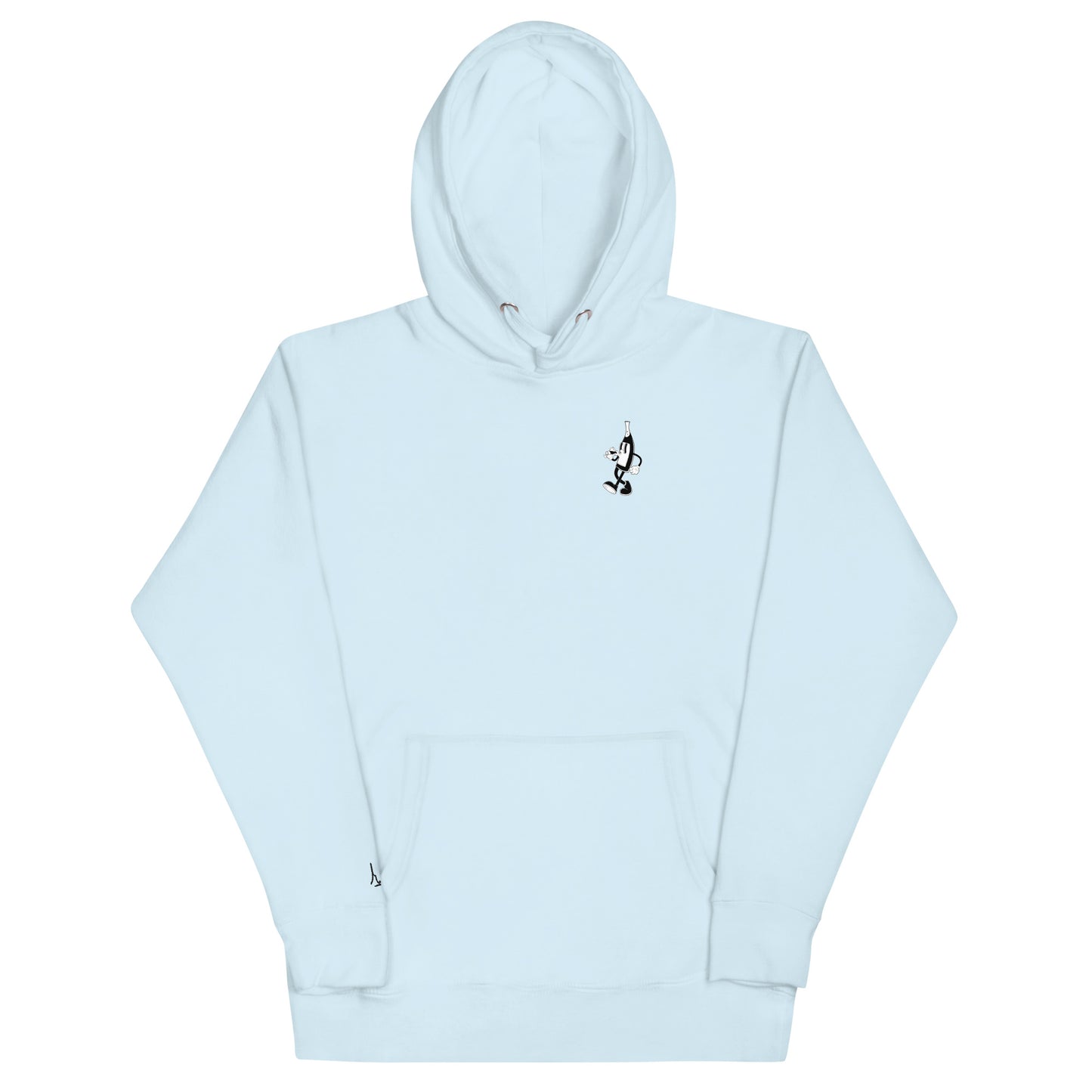 "light blue tt-shirt with black cartoon-style print of a walking wine bottle holding a glass, surrounded by the words 'Drink Drank Drunk' in bold text."