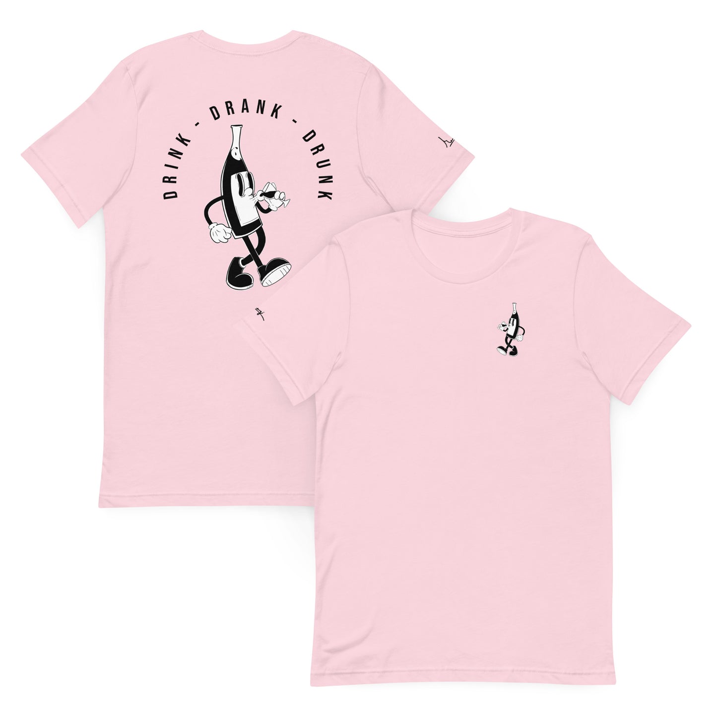 "pink t-shirt with black cartoon-style print of a walking wine bottle holding a glass, surrounded by the words 'Drink Drank Drunk' in bold text."