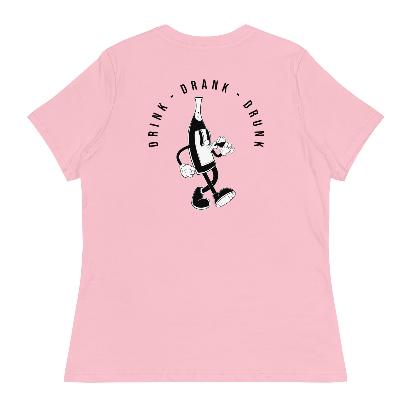 Pink t-shirt with black cartoon-style print of a walking wine bottle holding a glass, surrounded by the words 'Drink Drank Drunk' in bold text. Back.