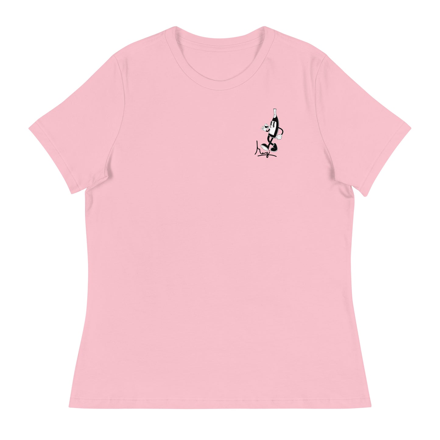 Pink t-shirt with black cartoon-style print of a walking wine bottle holding a glass, surrounded by the words 'Drink Drank Drunk' in bold text. Front.