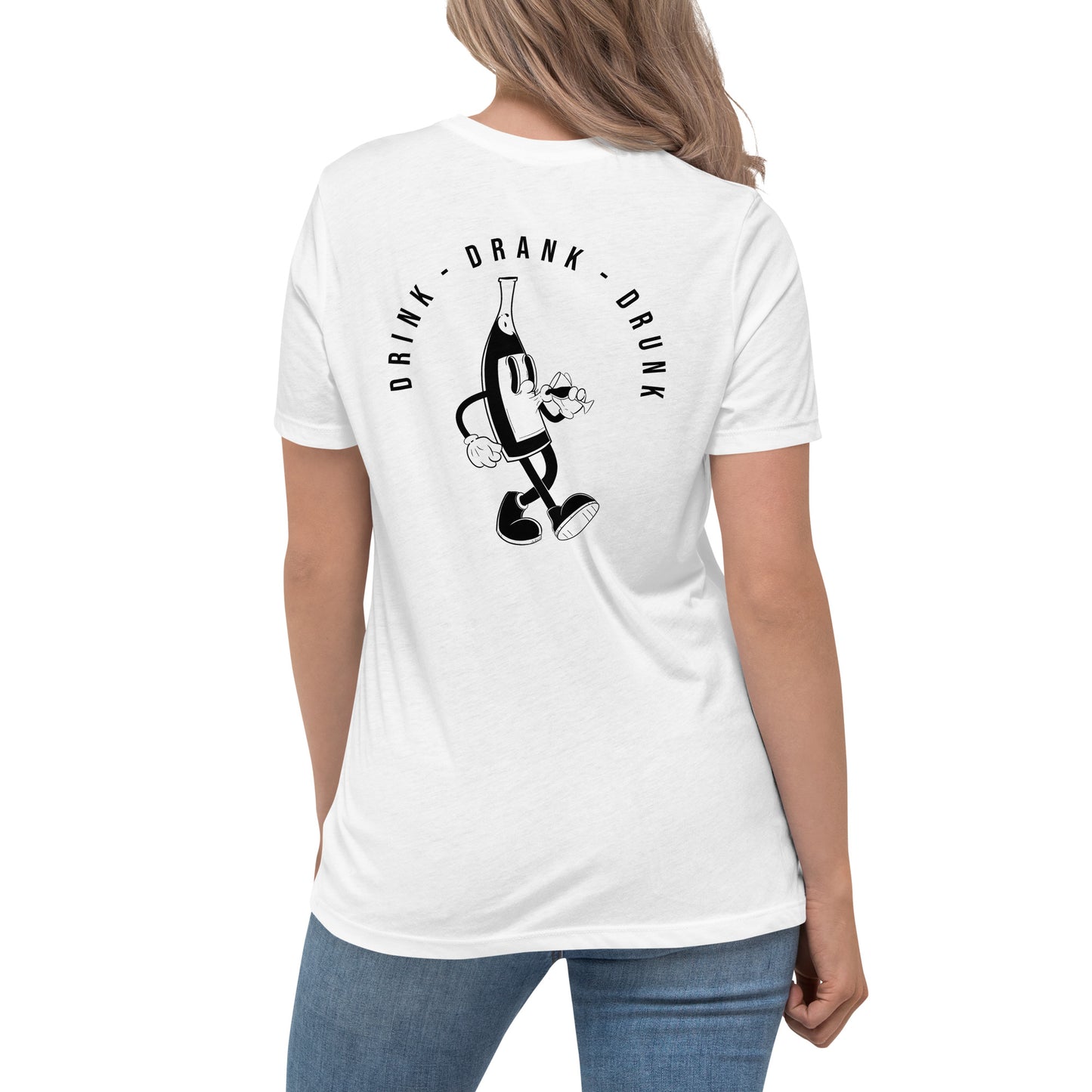 White t-shirt with black cartoon-style print of a walking wine bottle holding a glass, surrounded by the words 'Drink Drank Drunk' in bold text. Back.