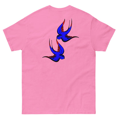 Margi logo t-shirt swallow bird original flash old american tattoo style drawing original design hand drawn illustration pink back