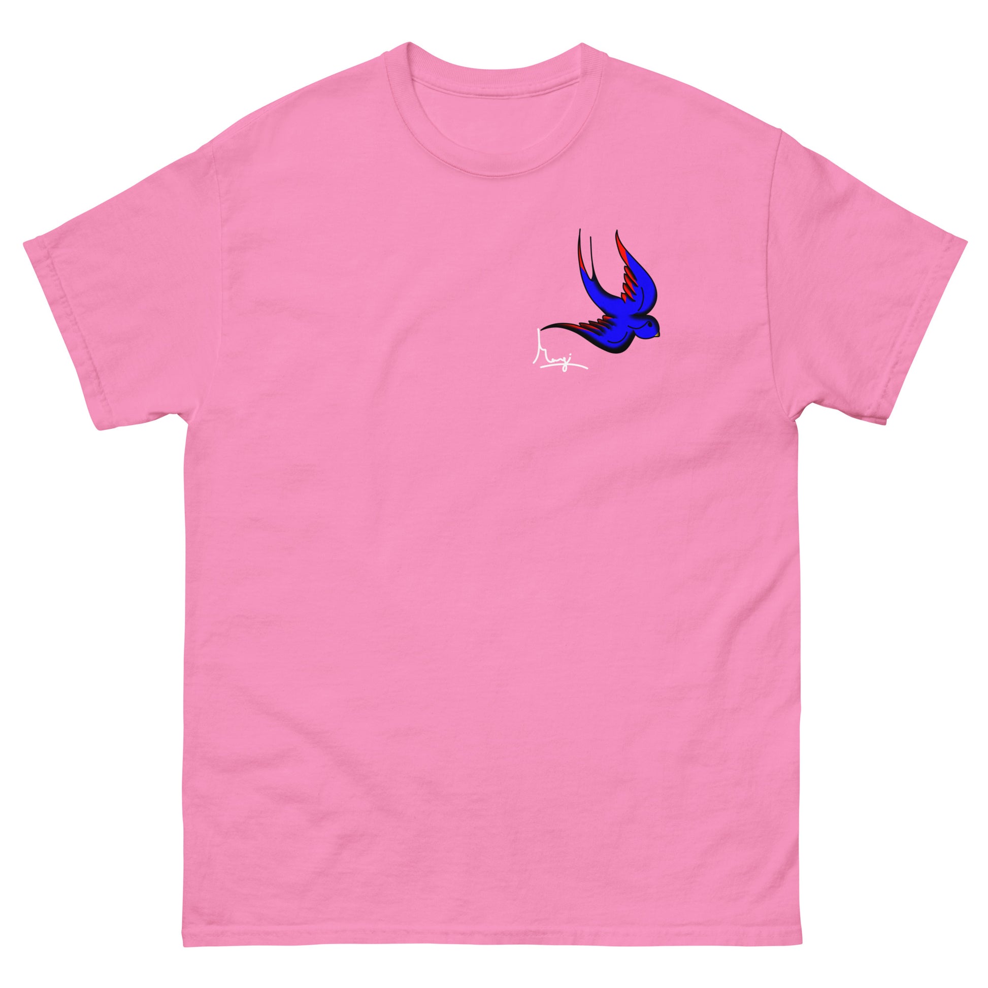 Margi logo t-shirt swallow bird original flash old american tattoo style drawing original design hand drawn illustration pink front