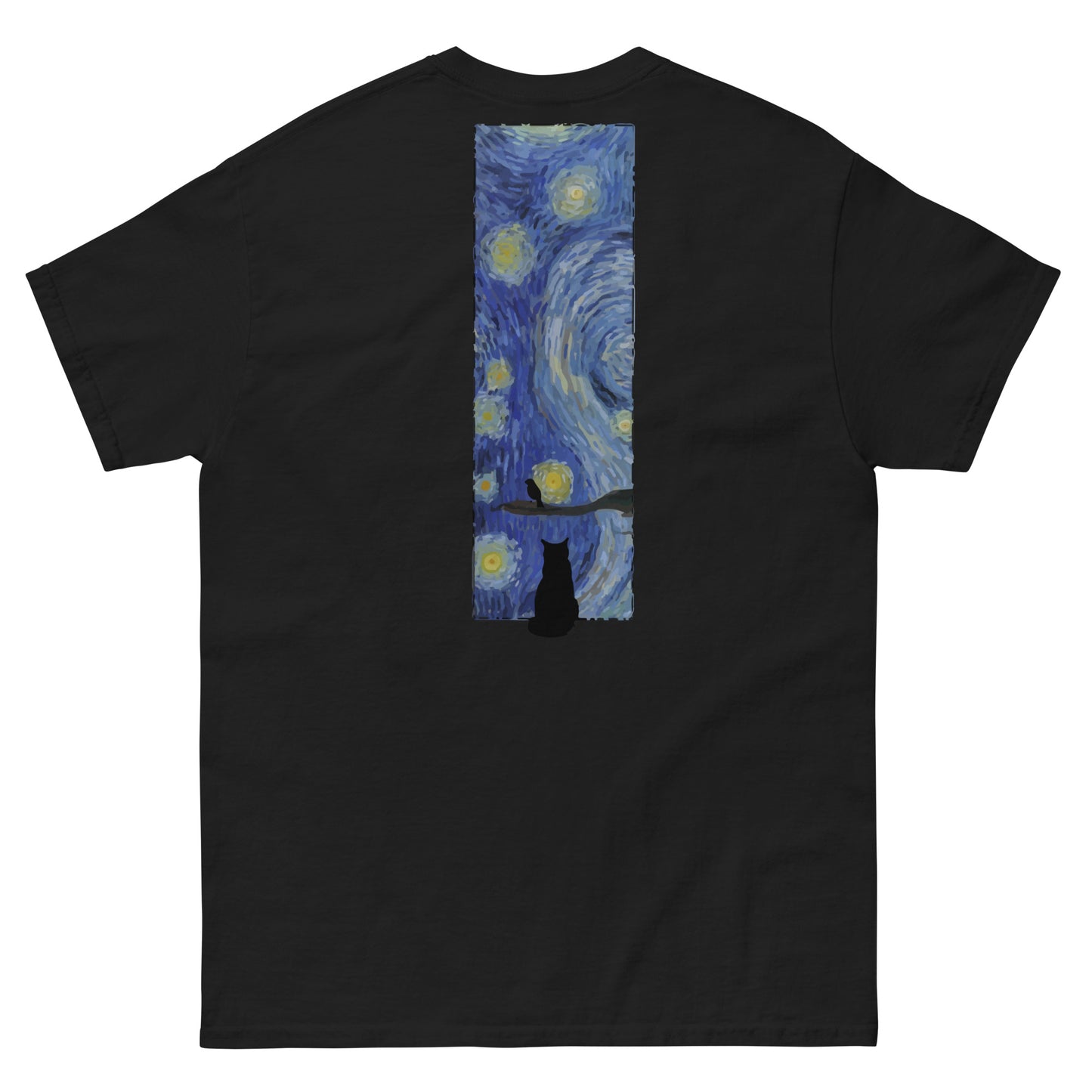 Margi logo t-shirt starry night Vincent van Gogh cat looking out window, cat looking outside at bird original design hand drawn illustration black back