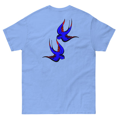 Margi logo t-shirt swallow bird original flash old american tattoo style drawing original design hand drawn illustration light blue  back