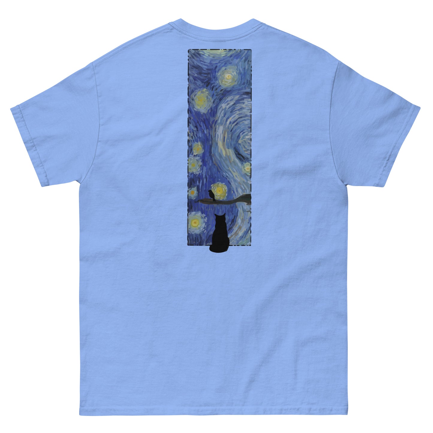 Margi logo t-shirt starry night Vincent van Gogh cat looking out window, cat looking outside at bird original design hand drawn illustration bright blue back