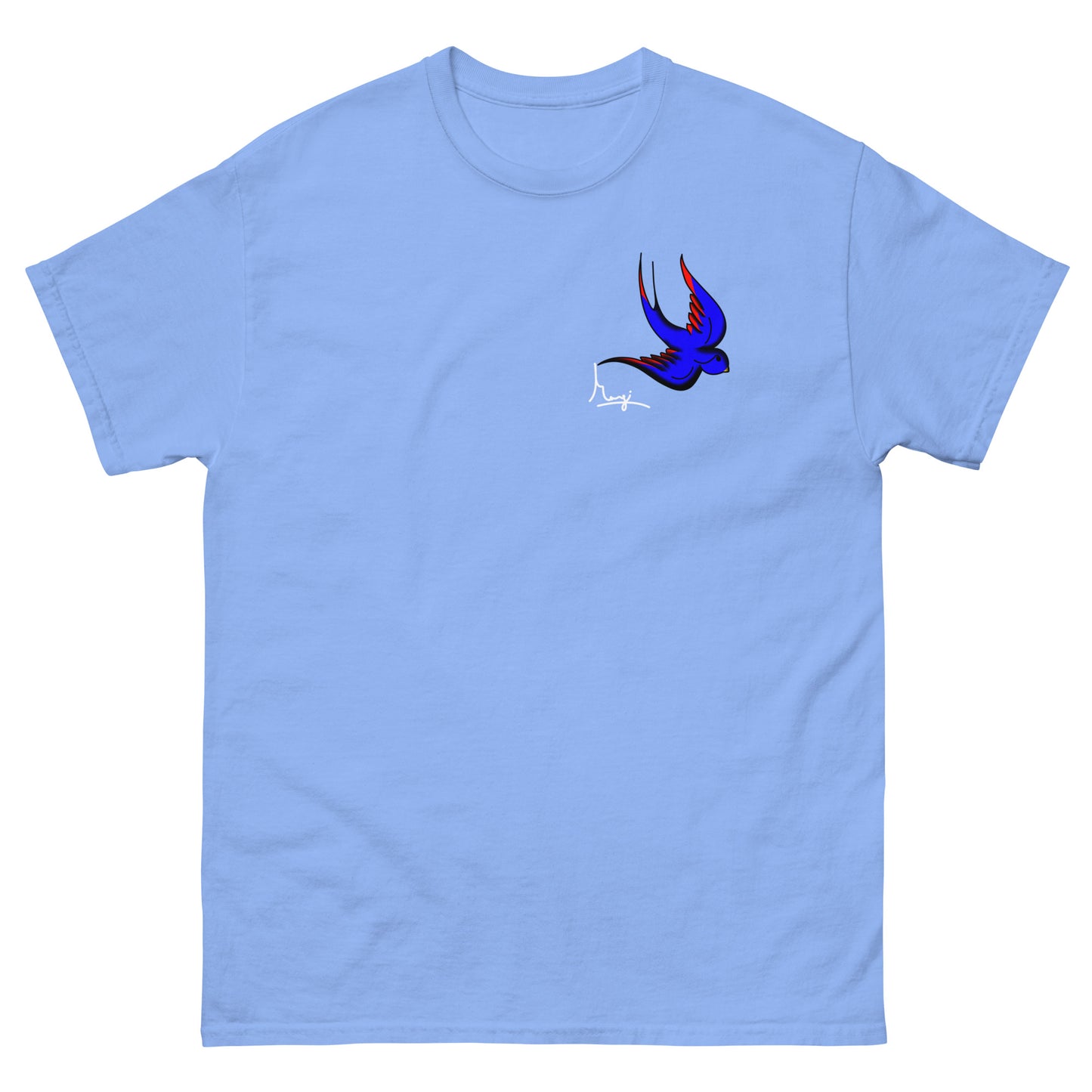 Margi logo t-shirt swallow bird original flash old american tattoo style drawing original design hand drawn illustration light blue 