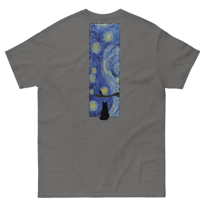 Margi logo t-shirt starry night Vincent van Gogh cat looking out window, cat looking outside at bird original design hand drawn illustration grey back