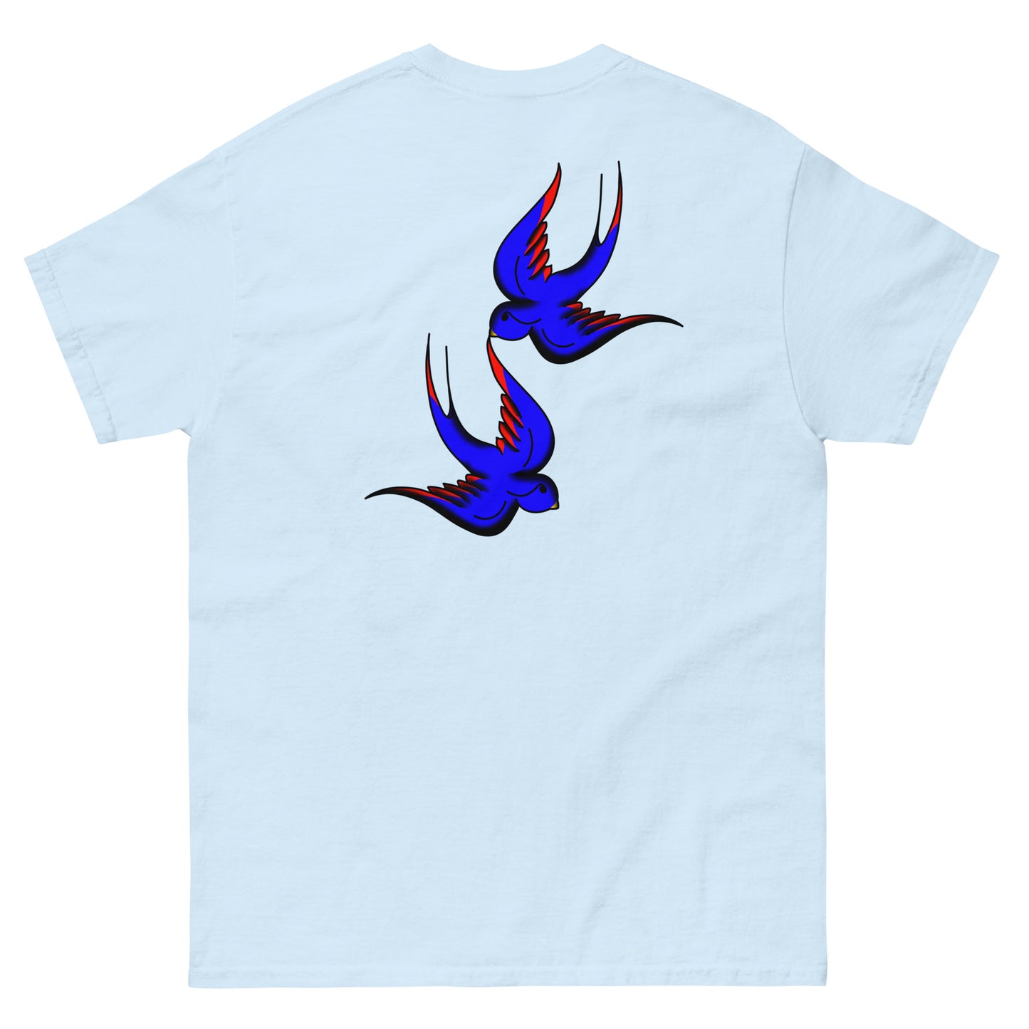 Margi logo t-shirt swallow bird original flash old american tattoo style drawing original design hand drawn illustration lighty sky blue  back