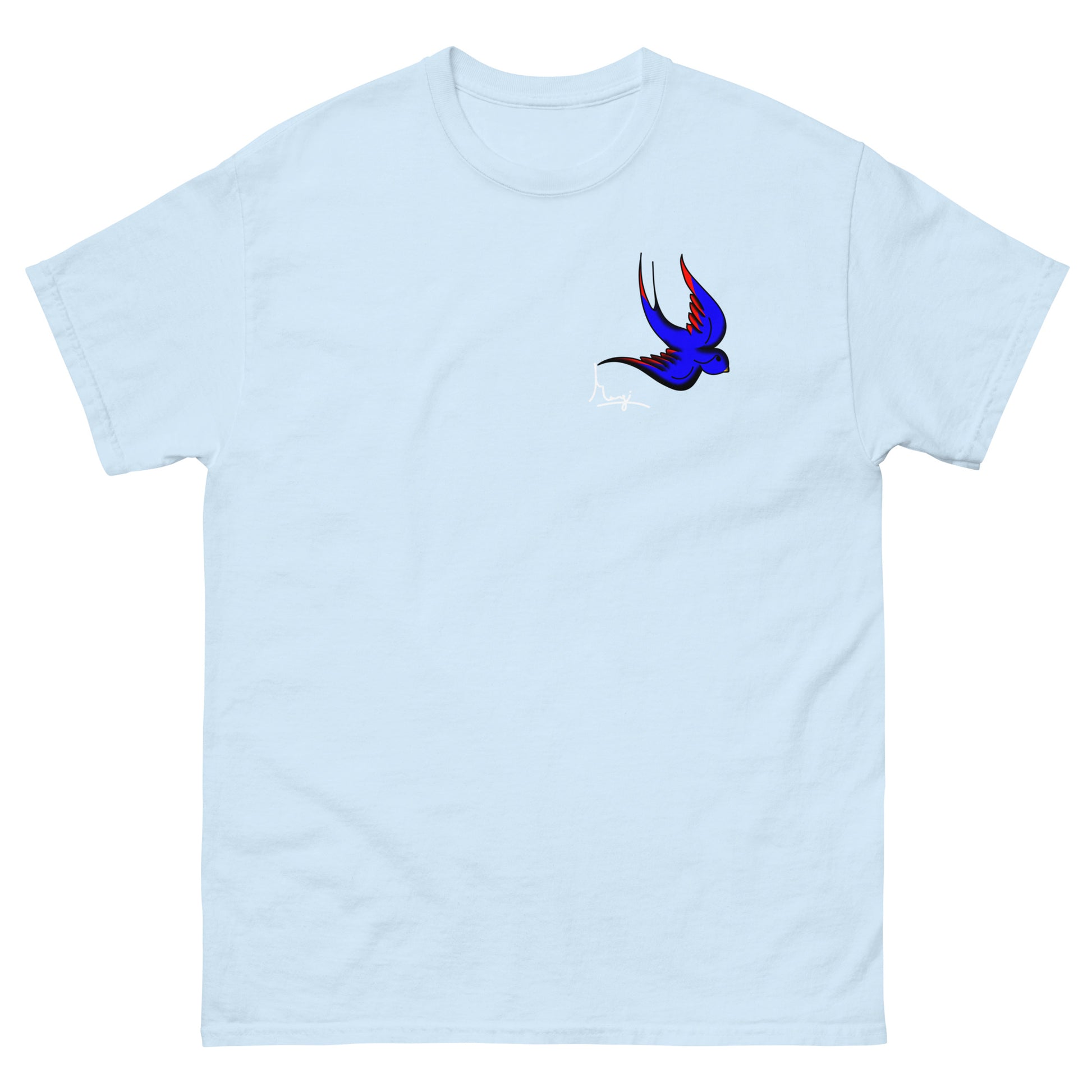 Margi logo t-shirt swallow bird original flash old american tattoo style drawing original design hand drawn illustration lighty sky blue 