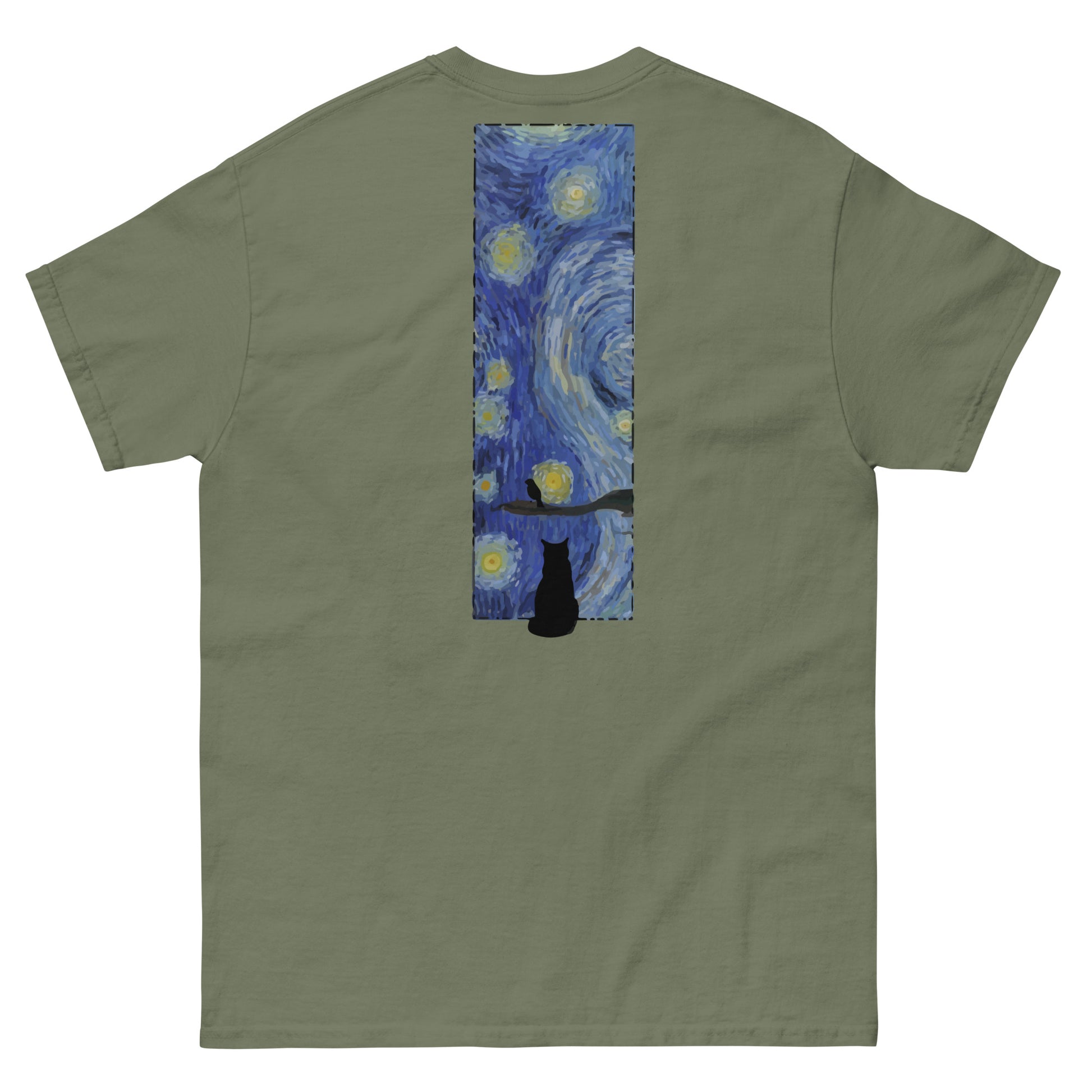 Margi logo t-shirt starry night Vincent van Gogh cat looking out window, cat looking outside at bird original design hand drawn illustration militairy green back