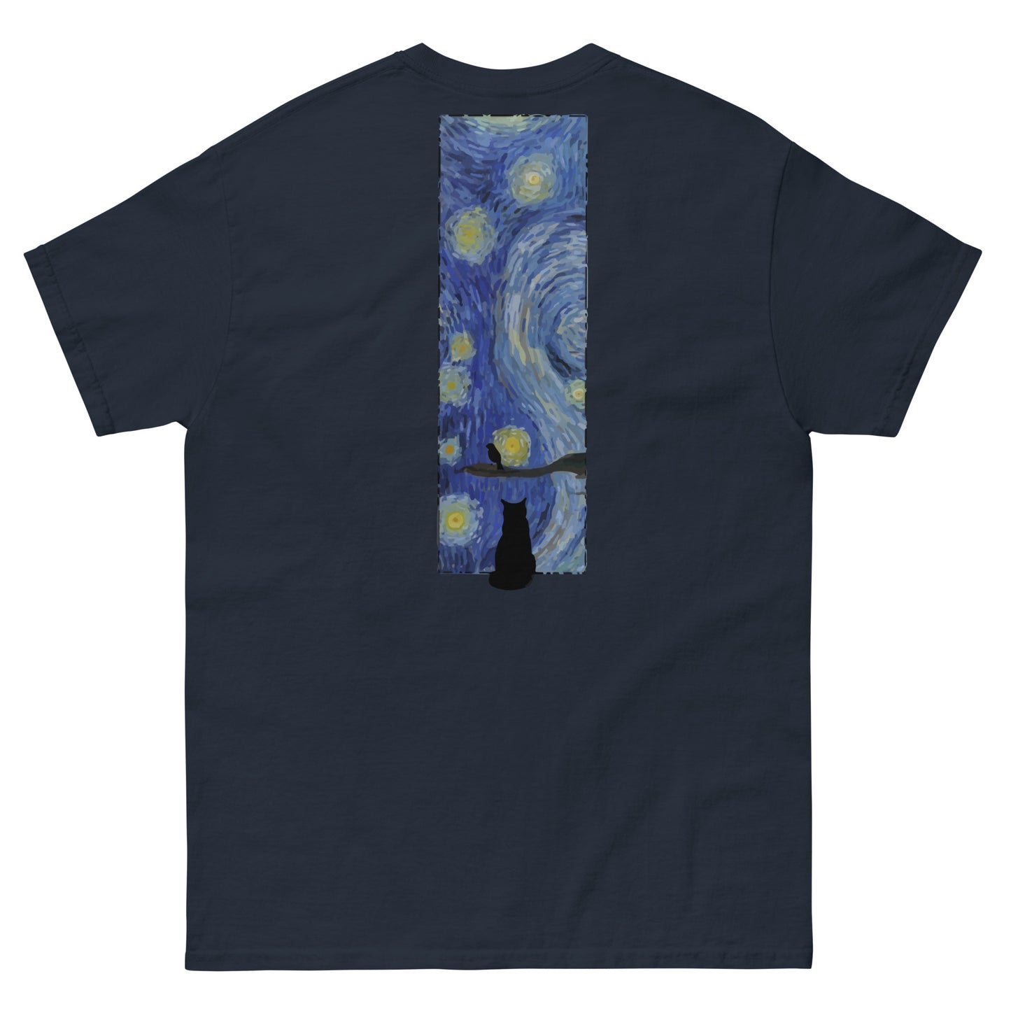 Margi logo t-shirt starry night Vincent van Gogh cat looking out window, cat looking outside at bird original design hand drawn illustration navy back