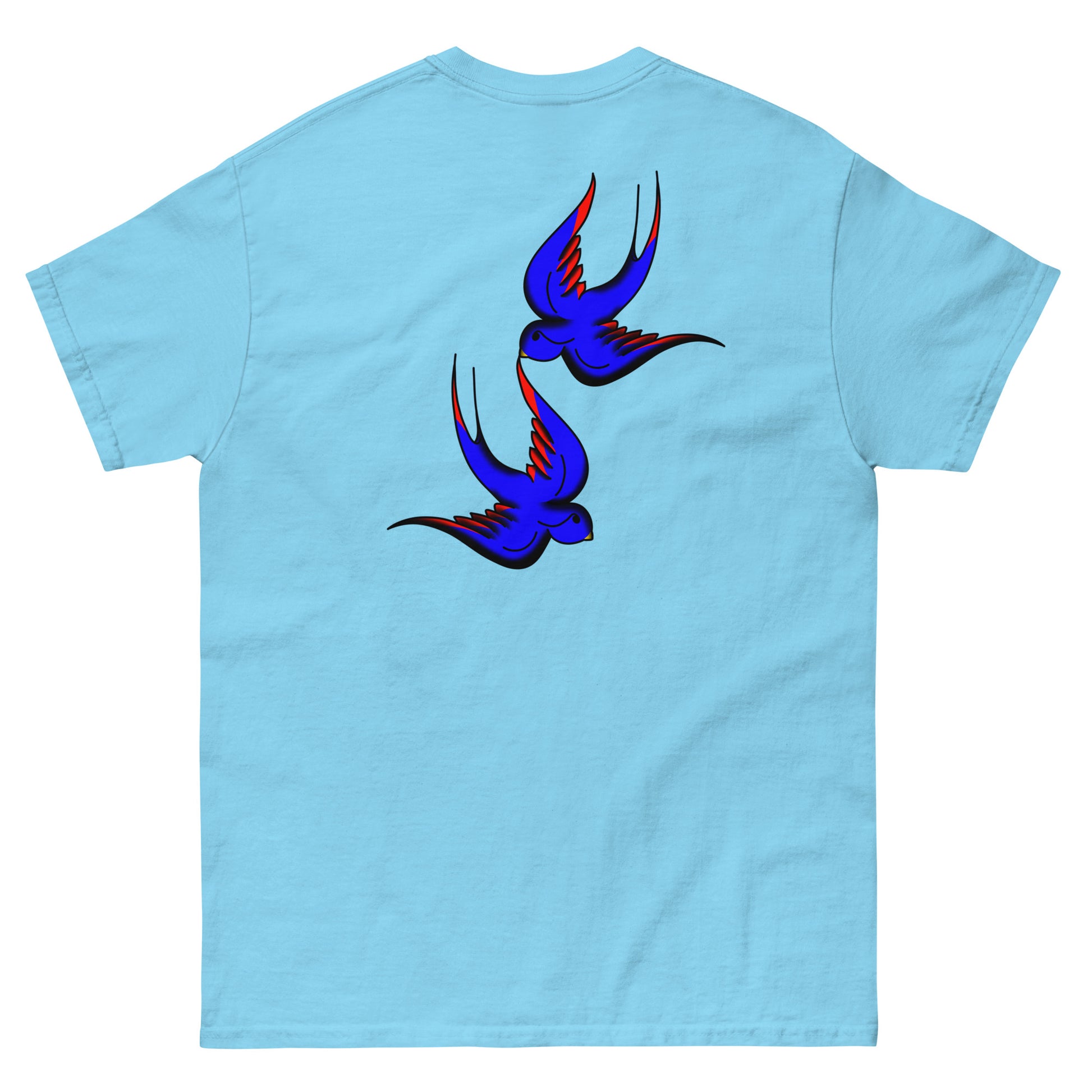 Margi logo t-shirt swallow bird original flash old american tattoo style drawing original design hand drawn illustration sky blue back