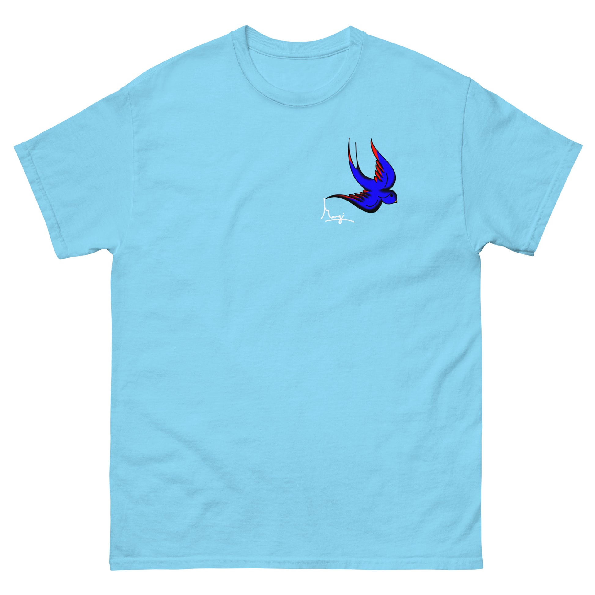 Margi logo t-shirt swallow bird original flash old american tattoo style drawing original design hand drawn illustration sky blue 