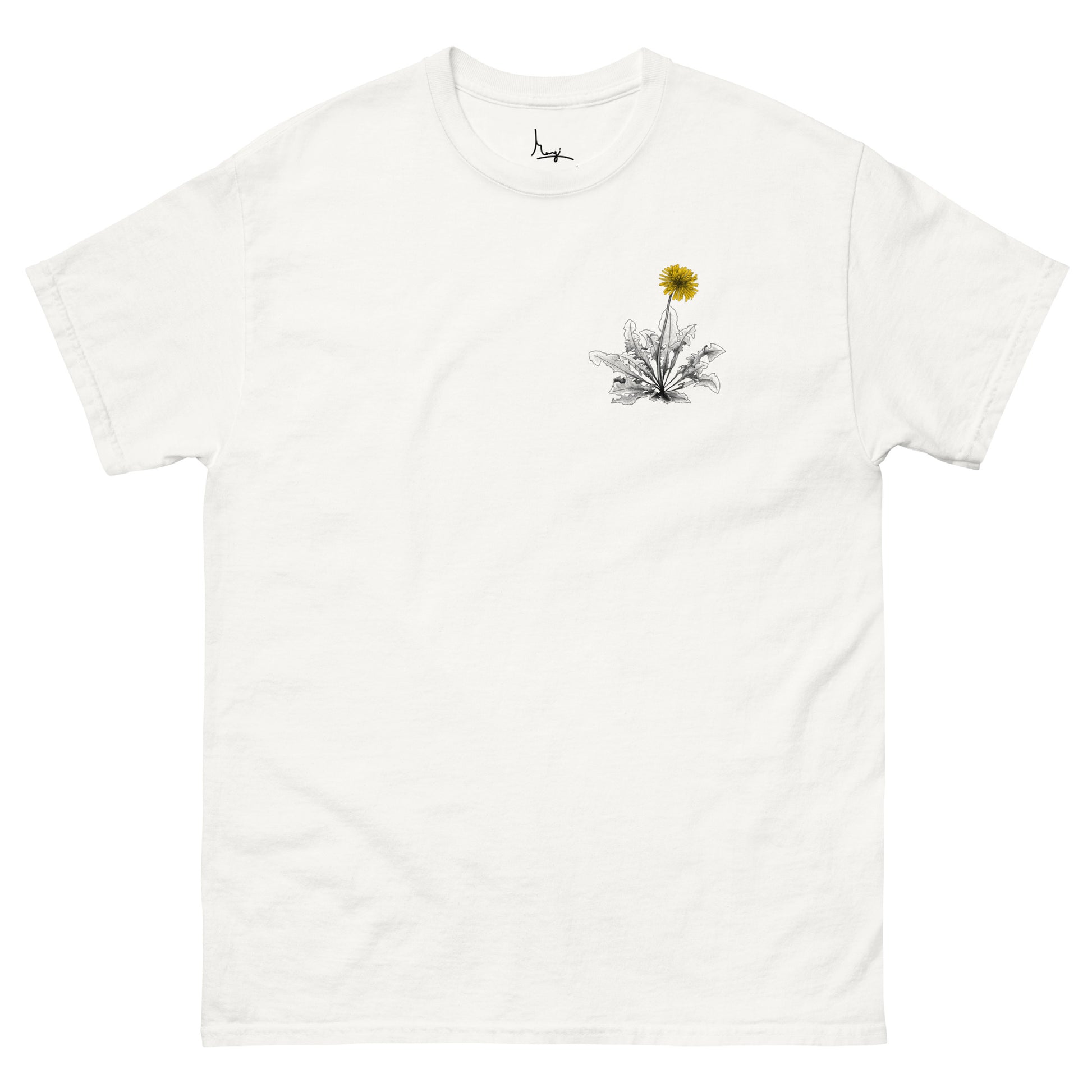 Margi dandelion black white yellow t-shirt original design hand drawn illustration white