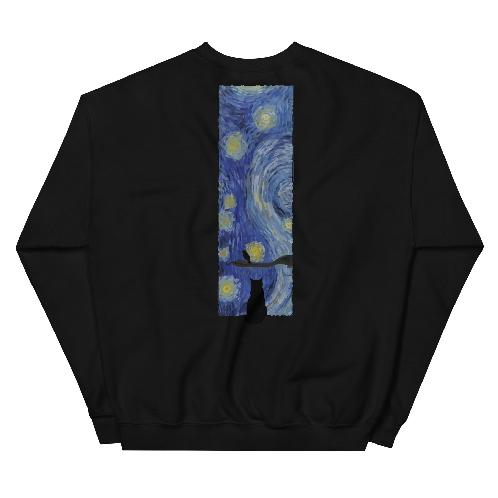 Margi logo sweatshirt starry night Vincent van Gogh cat looking out window, cat looking outside at bird original design hand drawn illustration black back