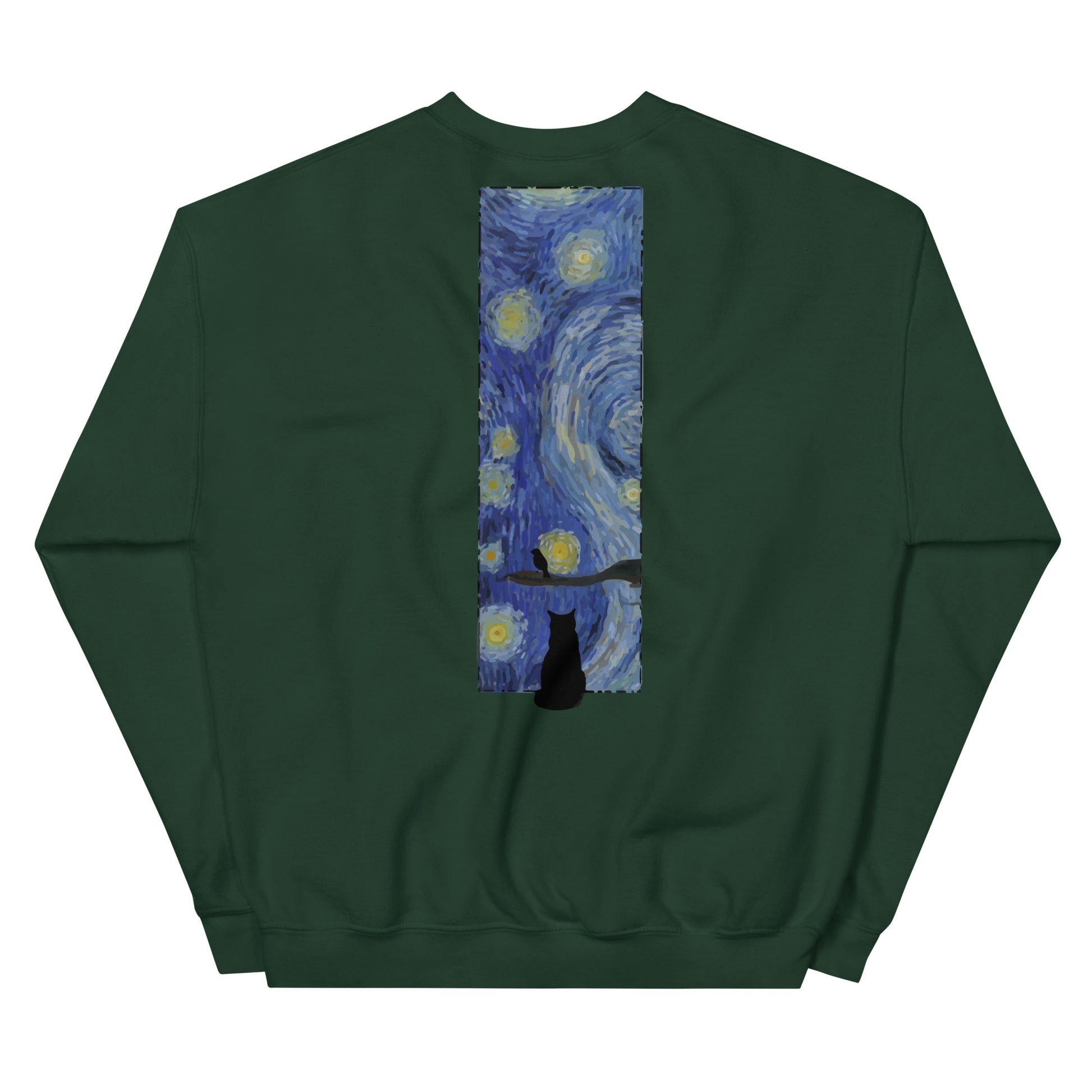 Margi logo sweatshirt starry night Vincent van Gogh cat looking out window, cat looking outside at bird original design hand drawn illustration forest green back