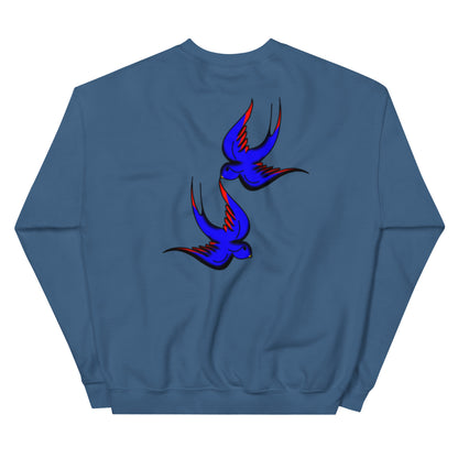 Margi logo sweatshirt swallow bird original flash old american tattoo style drawing original design hand drawn illustration indigo blue back