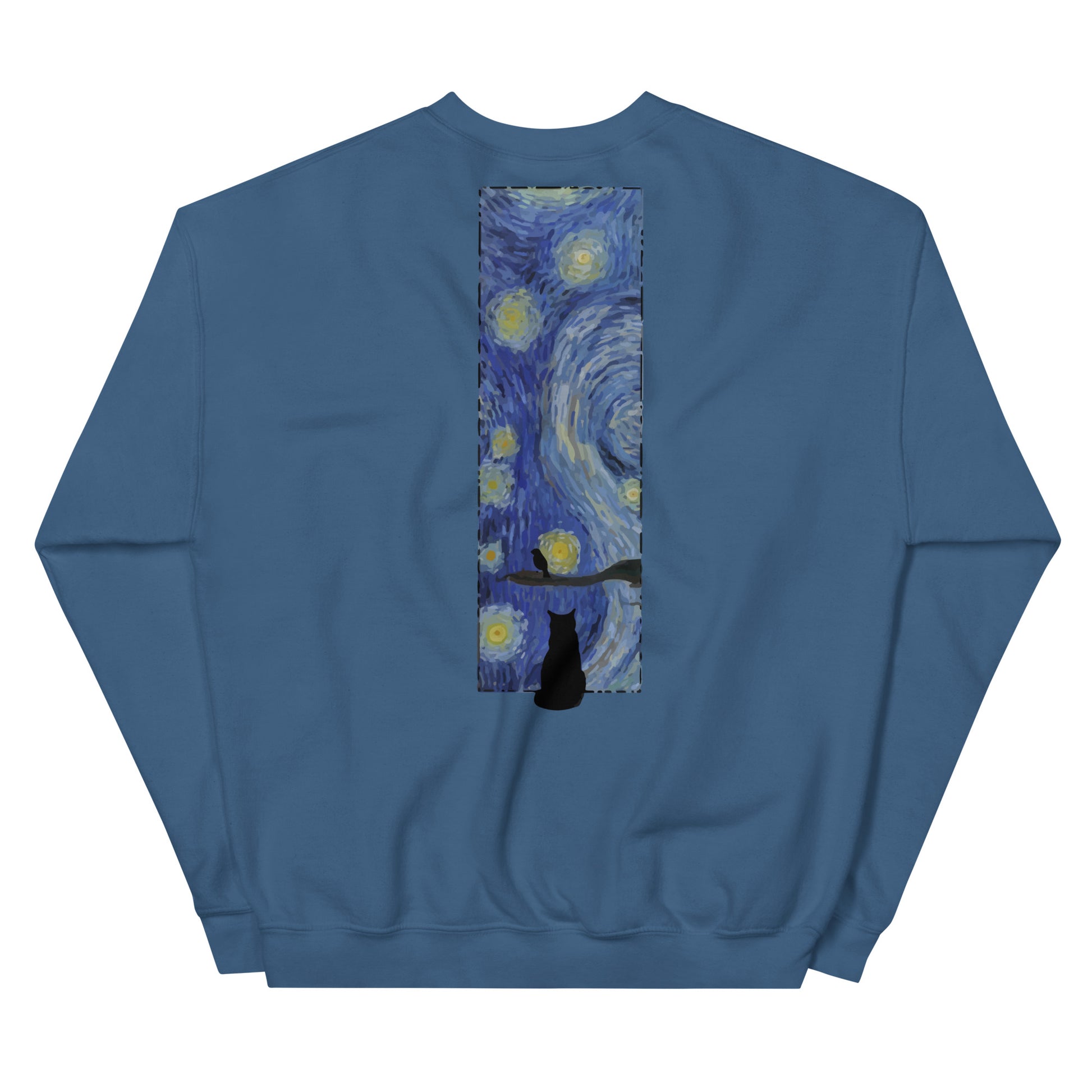 Margi logo sweatshirt starry night Vincent van Gogh cat looking out window, cat looking outside at bird original design hand drawn illustration indigo blue back