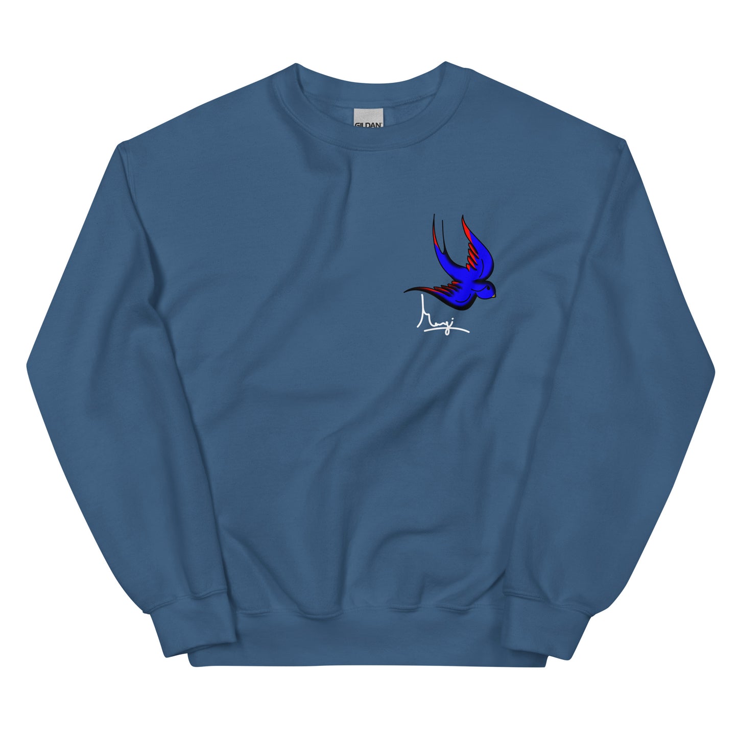 Margi logo sweatshirt swallow bird original flash old american tattoo style drawing original design hand drawn illustration indigo blue 