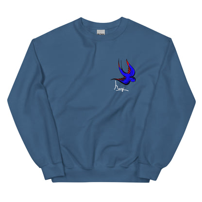 Margi logo sweatshirt swallow bird original flash old american tattoo style drawing original design hand drawn illustration indigo blue 