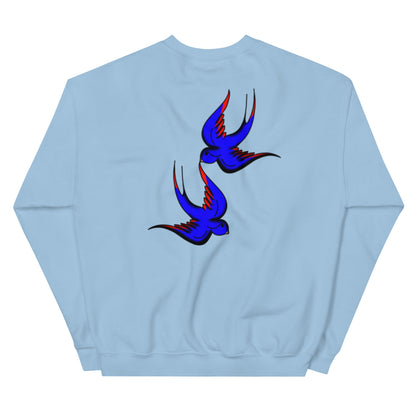 Margi logo sweatshirt swallow bird original flash old american tattoo style drawing original design hand drawn illustration light blue back