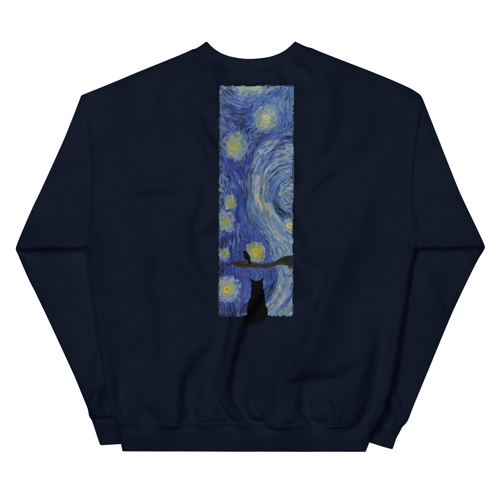 Margi logo sweatshirt starry night Vincent van Gogh cat looking out window, cat looking outside at bird original design hand drawn illustration navy back