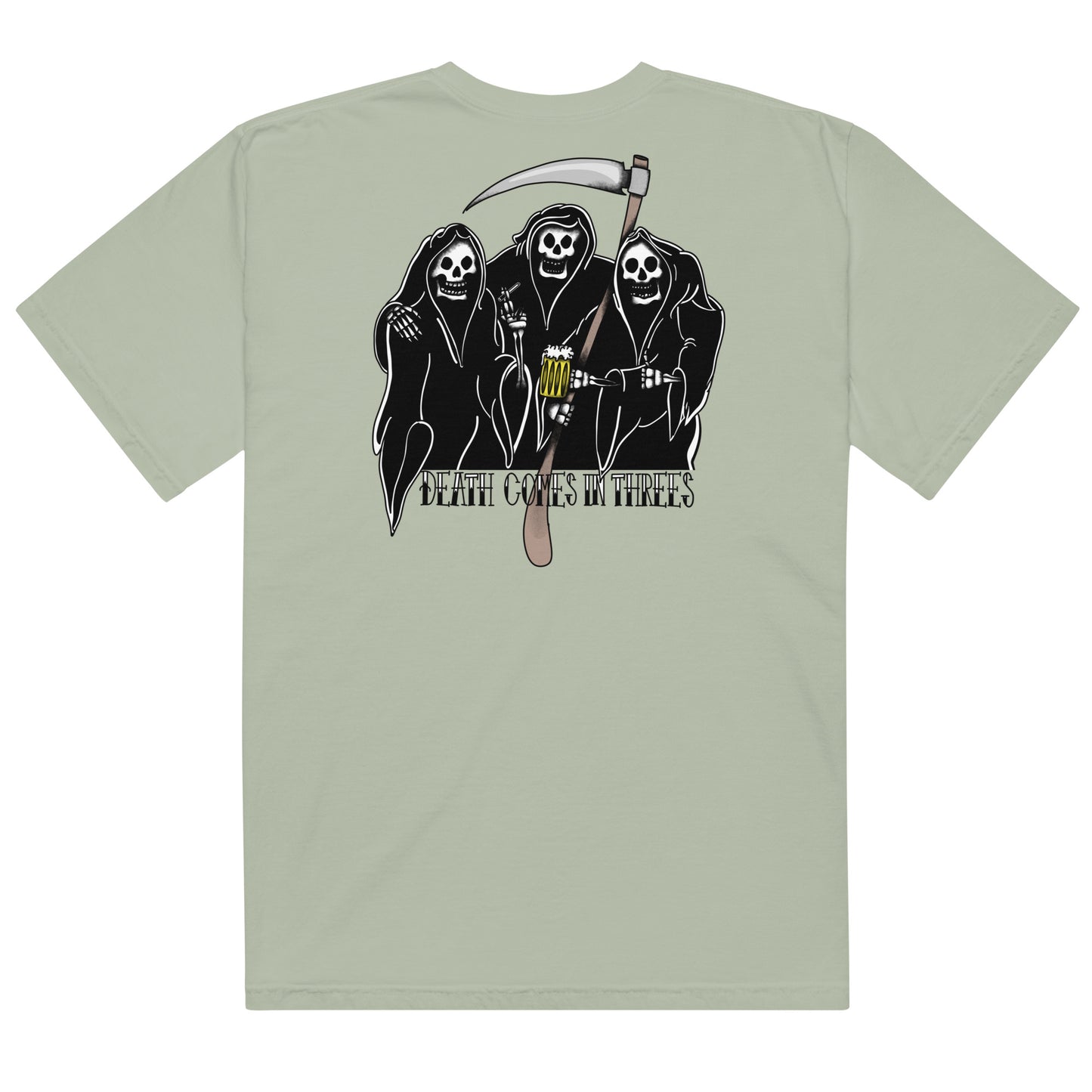 Designs: "Death Comes in Threes"

This design features a hand-drawn illustration of three reapers having fun together. Based on the saying "death comes in threes". Printed big on the back of the shirt and the Margi logo in front.
t-shirt unisex original unique illustration bay back