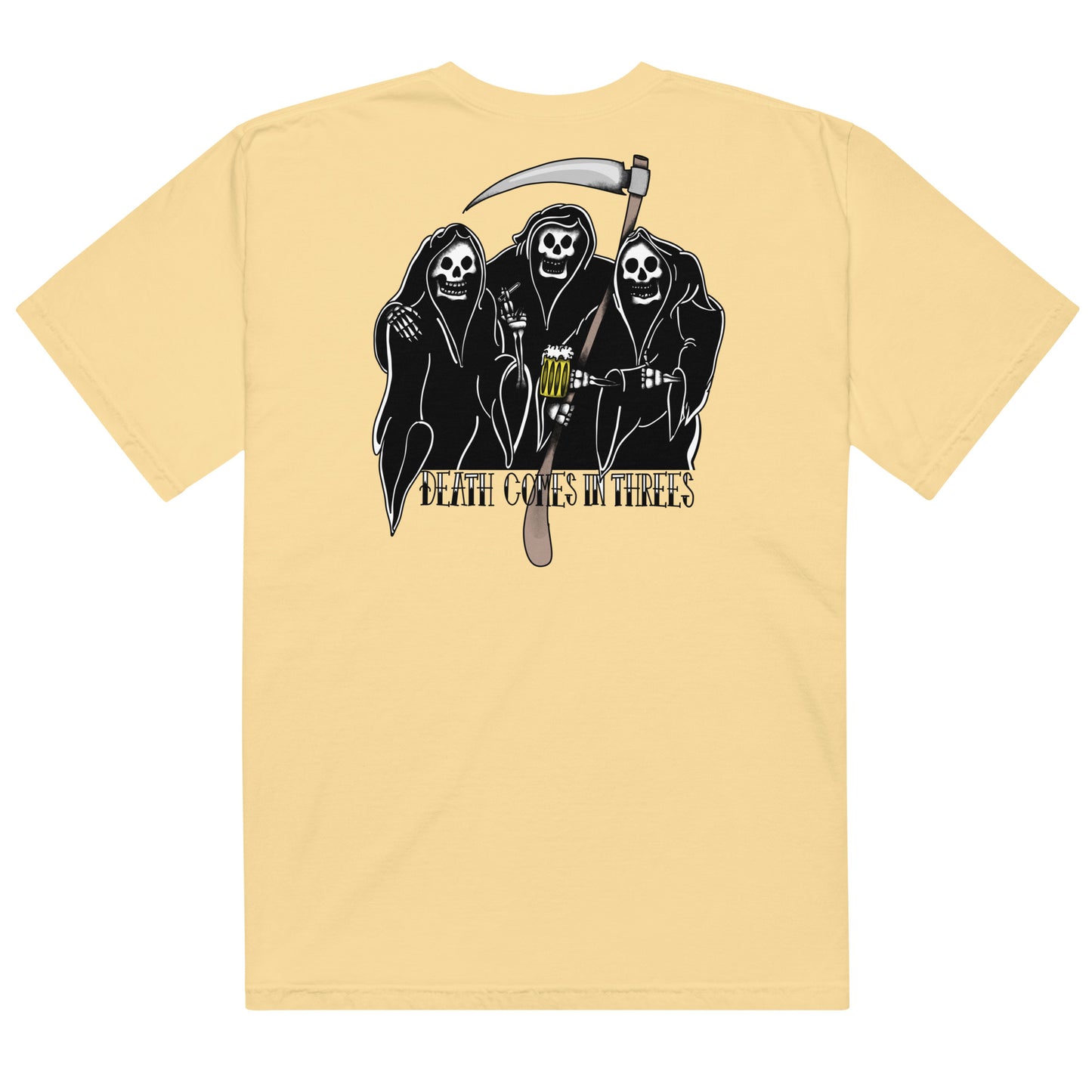 Designs: "Death Comes in Threes"

This design features a hand-drawn illustration of three reapers having fun together. Based on the saying "death comes in threes". Printed big on the back of the shirt and the Margi logo in front.
t-shirt unisex original unique illustration butter back