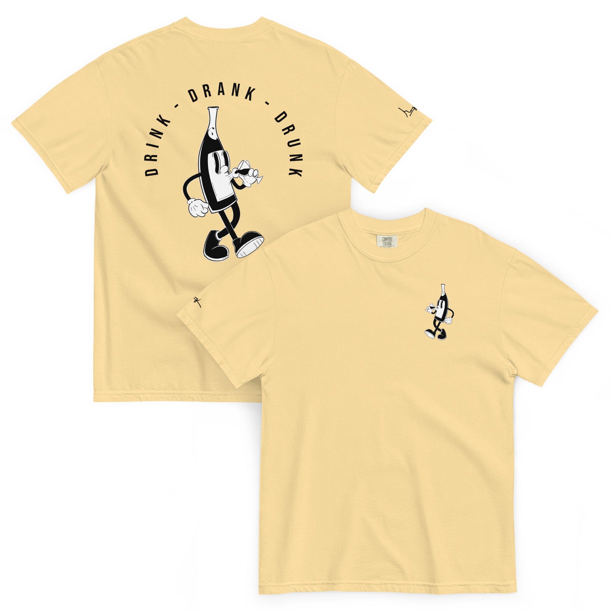 "yellow t-shirt with black cartoon-style print of a walking wine bottle holding a glass, surrounded by the words 'Drink Drank Drunk' in bold text."