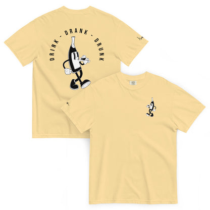 "yellow t-shirt with black cartoon-style print of a walking wine bottle holding a glass, surrounded by the words 'Drink Drank Drunk' in bold text."