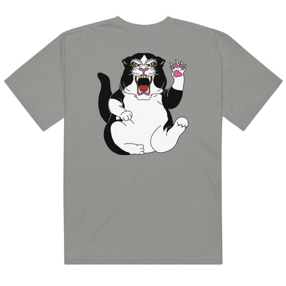 Design: "Fierce"

This design features a hand-drawn illustration based of my cat Pandora,... who is both fierce and a little chubby. 
T-shirt, cat, margi, margistore grey back