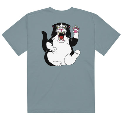 Design: "Fierce"

This design features a hand-drawn illustration based of my cat Pandora,... who is both fierce and a little chubby. 
T-shirt, cat, margi, margistore ice blue back