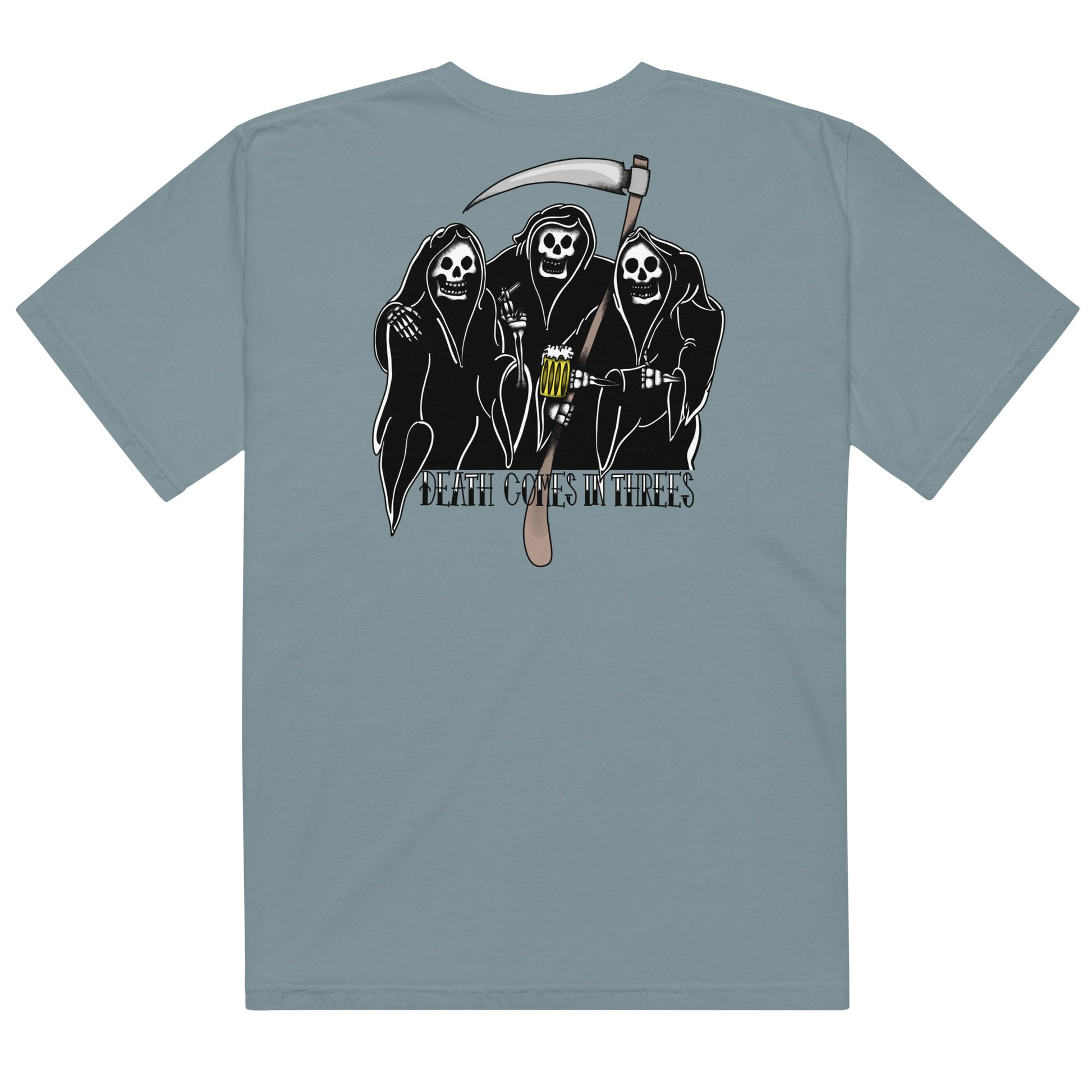 Designs: "Death Comes in Threes"

This design features a hand-drawn illustration of three reapers having fun together. Based on the saying "death comes in threes". Printed big on the back of the shirt and the Margi logo in front.
t-shirt unisex original unique illustration ice blue back