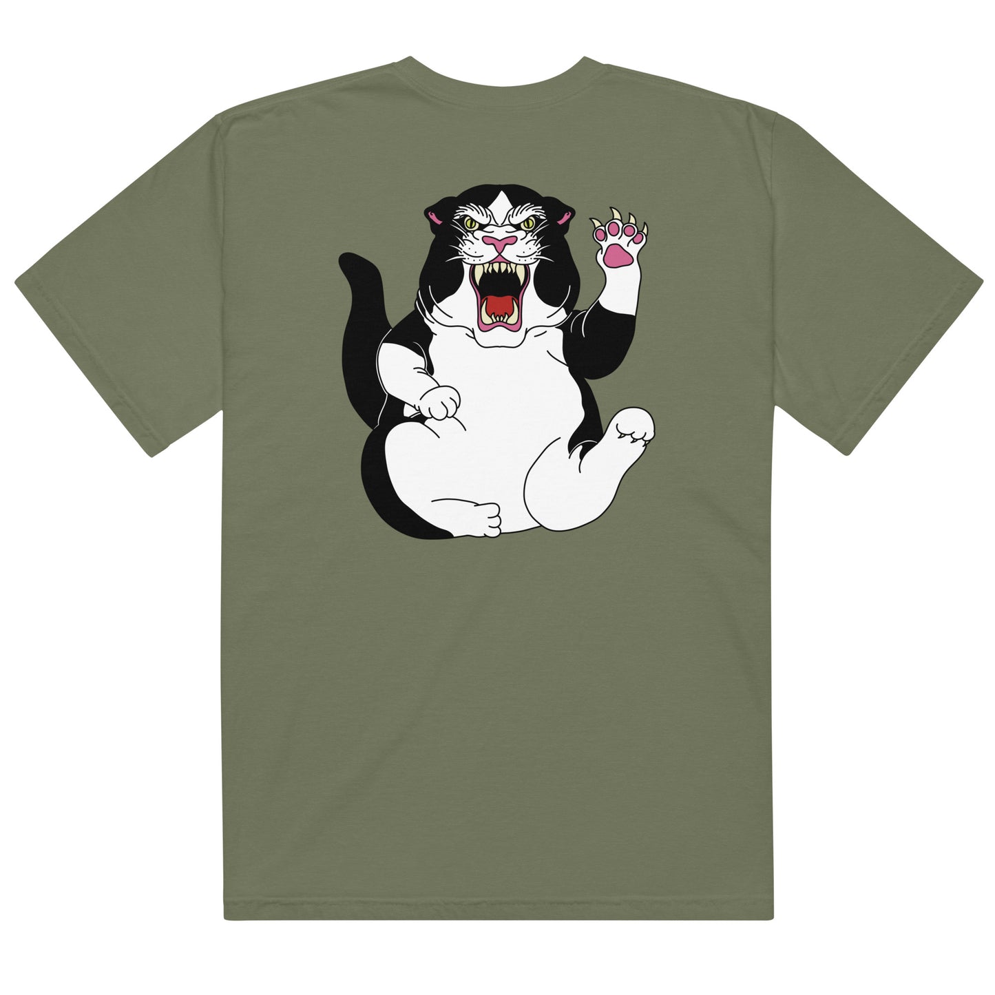 Design: "Fierce"

This design features a hand-drawn illustration based of my cat Pandora,... who is both fierce and a little chubby. 
T-shirt, cat, margi, margistore moss back