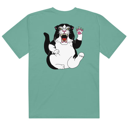 Design: "Fierce"

This design features a hand-drawn illustration based of my cat Pandora,... who is both fierce and a little chubby. 
T-shirt, cat, margi, margistore seafoam back