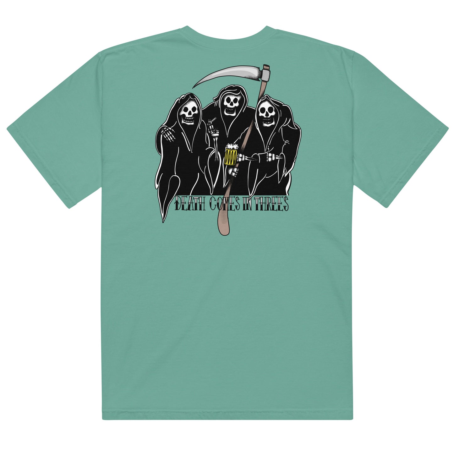 Designs: "Death Comes in Threes"

This design features a hand-drawn illustration of three reapers having fun together. Based on the saying "death comes in threes". Printed big on the back of the shirt and the Margi logo in front.
t-shirt unisex original unique illustration seafoam back