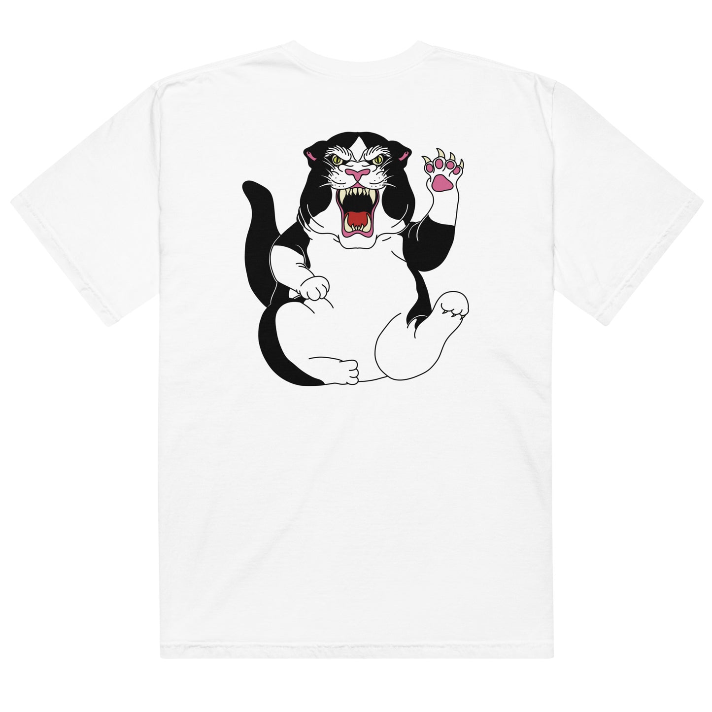 Design: "Fierce"

This design features a hand-drawn illustration based of my cat Pandora,... who is both fierce and a little chubby. 
T-shirt, cat, margi, margistore white back