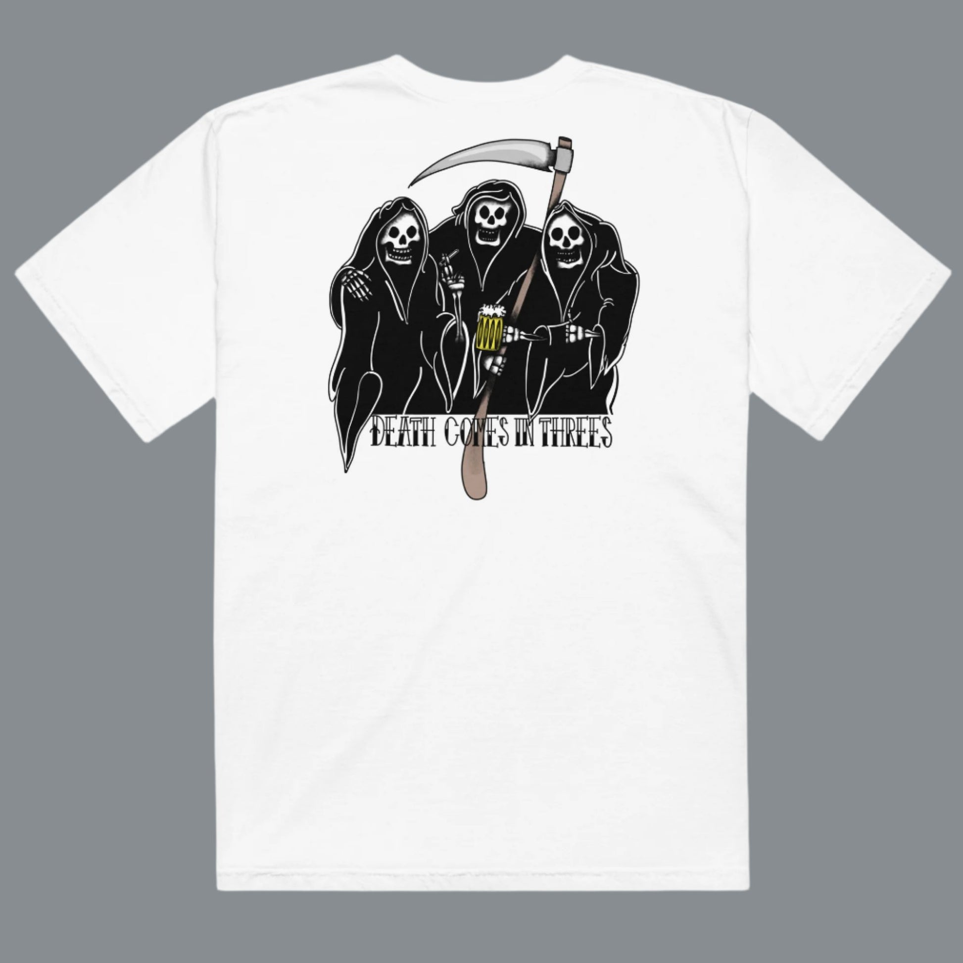 Designs: "Death Comes in Threes"

This design features a hand-drawn illustration of three reapers having fun together. Based on the saying "death comes in threes". Printed big on the back of the shirt and the Margi logo in front.
t-shirt unisex original unique illustration white back