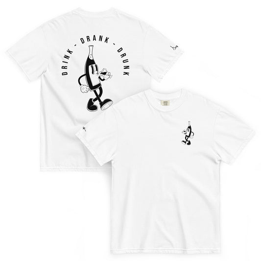 "White t-shirt with black cartoon-style print of a walking wine bottle holding a glass, surrounded by the words 'Drink Drank Drunk' in bold text."
