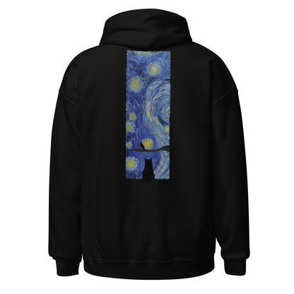 Margi logo hoodie starry night Vincent van Gogh cat looking out window, cat looking outside at bird original design hand drawn illustration black back