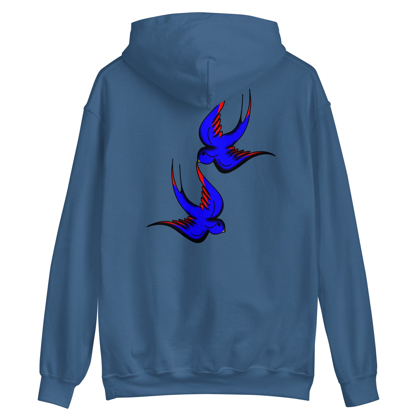 Margi logo hoodie swallow bird original flash old american tattoo style drawing original design hand drawn illustration indigho blue back