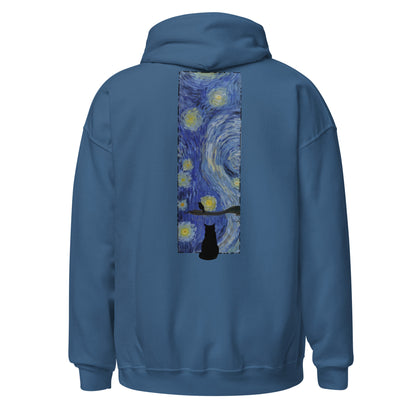 Margi logo hoodie starry night Vincent van Gogh cat looking out window, cat looking outside at bird original design hand drawn illustration indego blue back