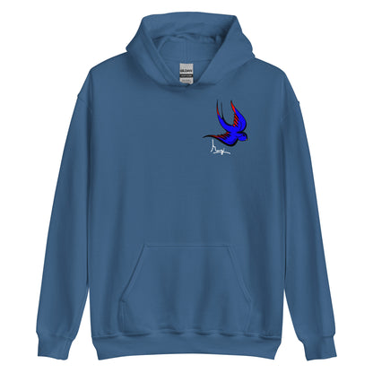 Margi logo hoodie swallow bird original flash old american tattoo style drawing original design hand drawn illustration indigo blue front